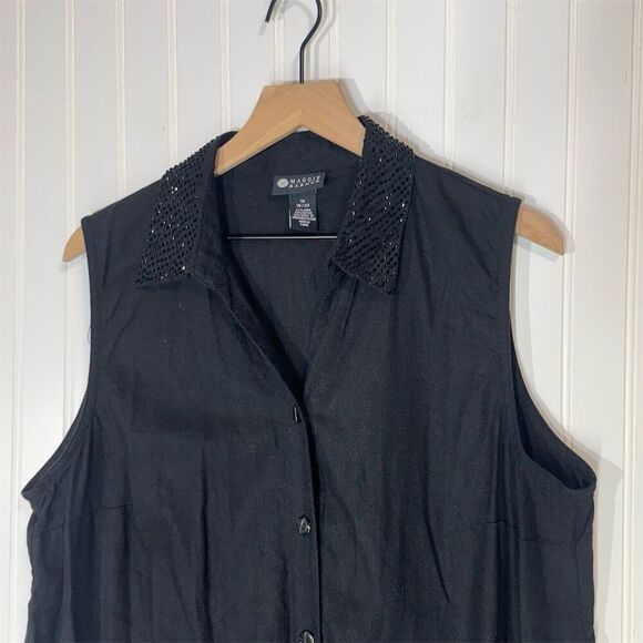 Maggie Barnes 1X Black Linen Blend Sleeveless Blouse Beaded Collar Goth Chic - Picture 2 of 8